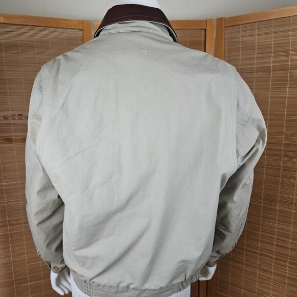 Vintage LL Bean Chore Jacket Mens L Leather Collar Beige Canvas Quilt Lined Work - Picture 4 of 13
